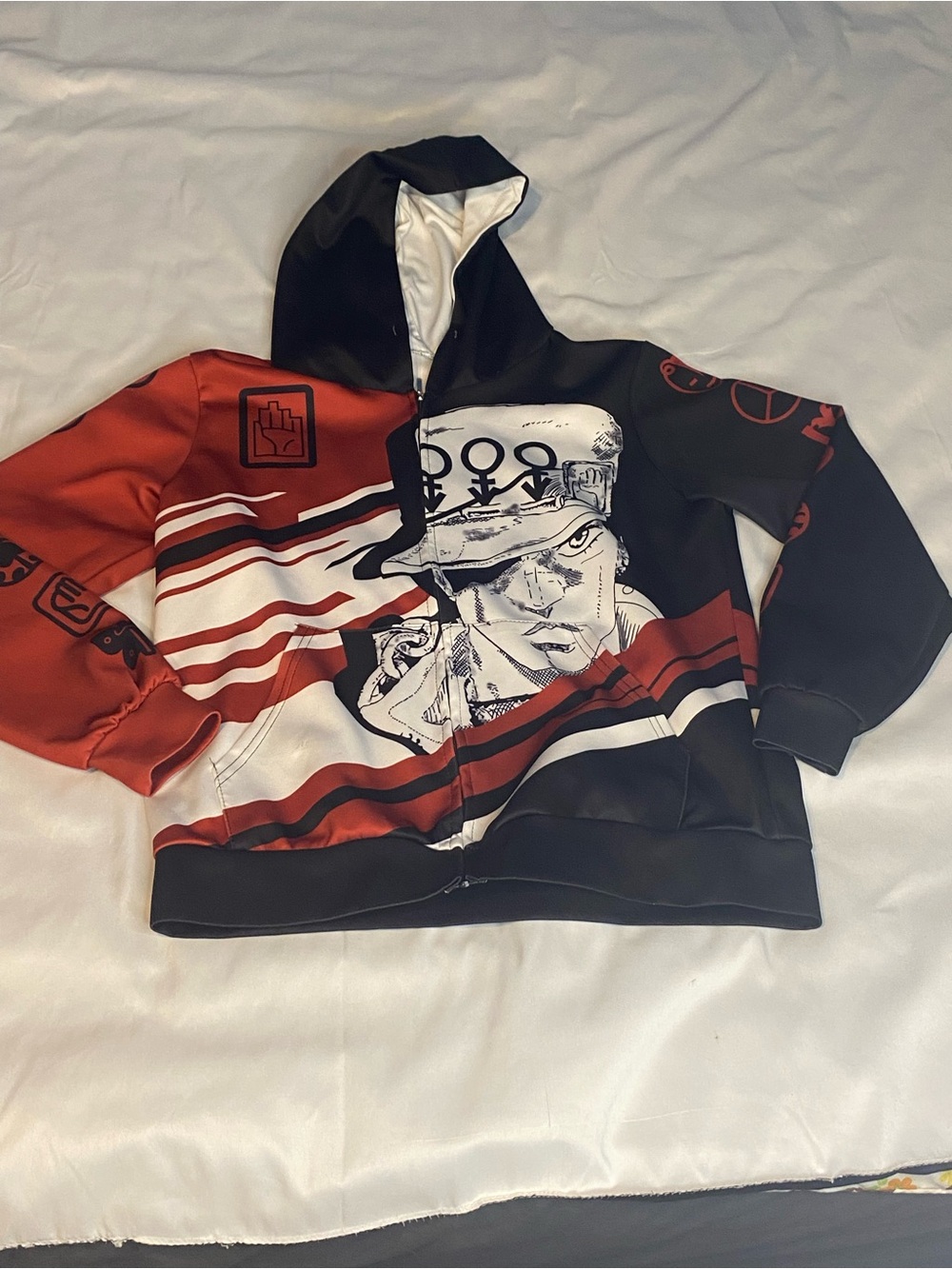 Youth Kids Graphic Hooded Puffer Jacket in Red, Black & White Size XL